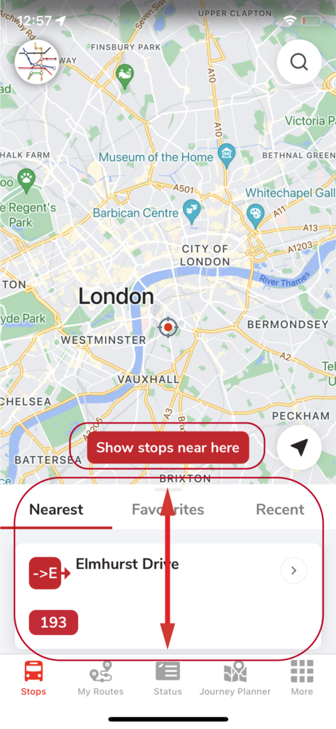 The "Show stops near here" button