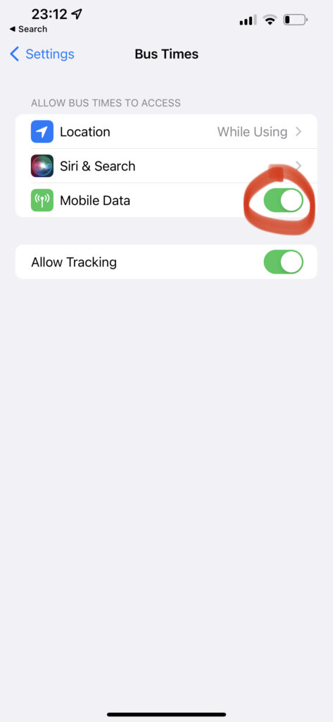Cellular data settings for Bus Times
